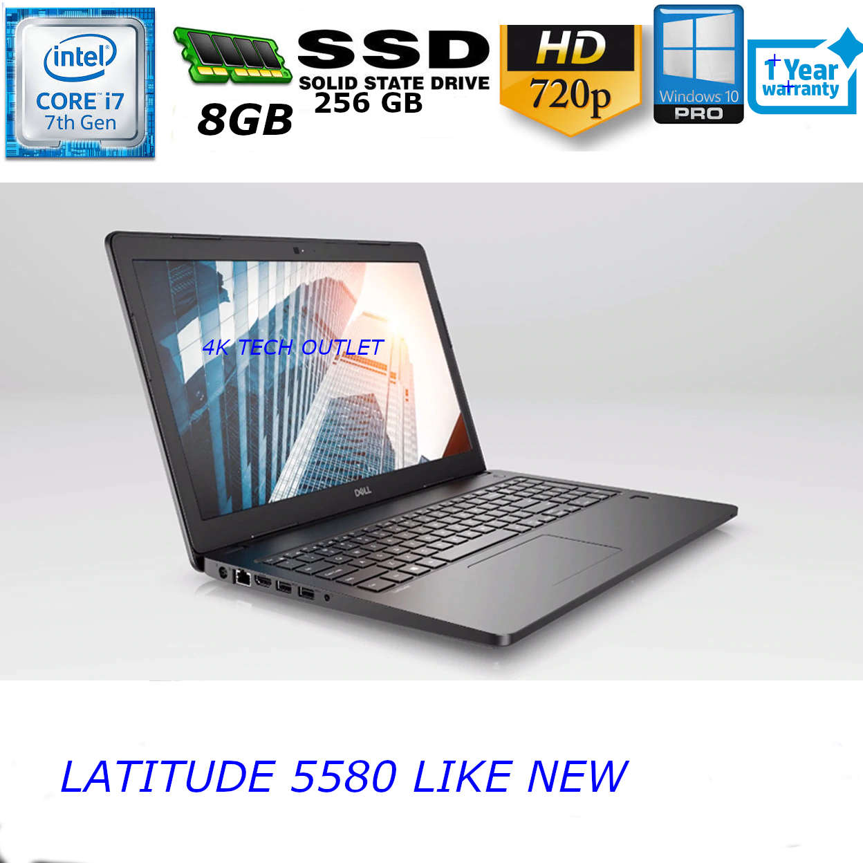 Dell Latitude E5580 Core I7-7600U 2.8GHz 8GB 256GB SSD 15.6" HDF Win 10pr 1YRW