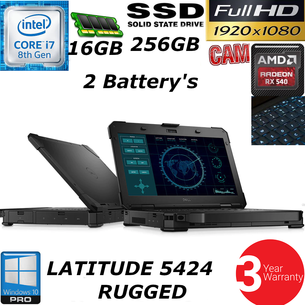 Dell Latitude 14 Rugged 5424 i7-8650U 1080P 256GB SSD 16GB 2 Battery's GPS 5414