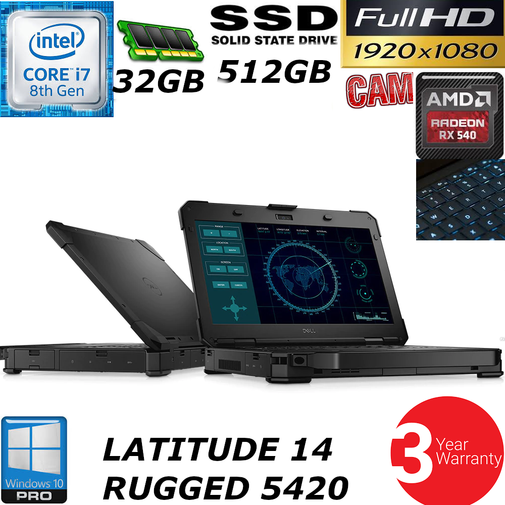 Dell Latitude 14 Rugged 5420 ATG i7-8650U FHD 1080P 512GB SSD HD 32GB 3YR W 5414