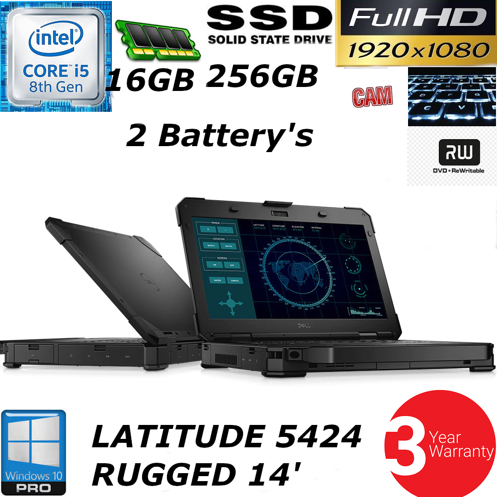 Dell Latitude 14 Rugged 5424 ATG i5-8350U 1080P 256GB SSD HD 16GB 2 Battery 5414